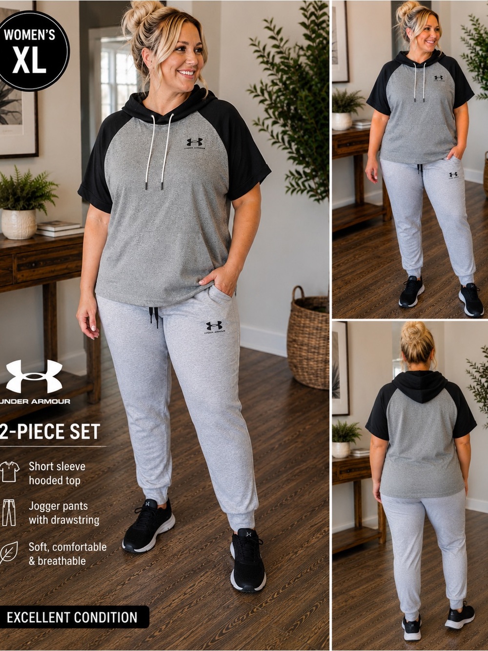 Under Armour XXL Gray and Black Short-Sleeve Hooded Top & 1XL Jogger outfit